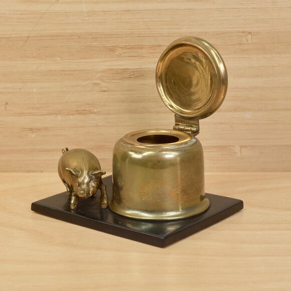 Vintage 30s Art Deco Brass Inkwell with Figural Pig / Rare - Picture 7 of 11